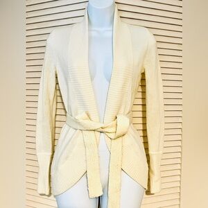 Italian cashmere in romantic cut away shawl effect sweater w/ belt ivory cream